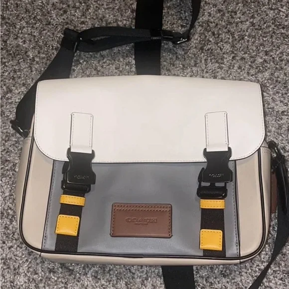 Coach Men’s Colorblock Messenger Bag in White, Gray & Yellow Accents - Picture 1 of 4